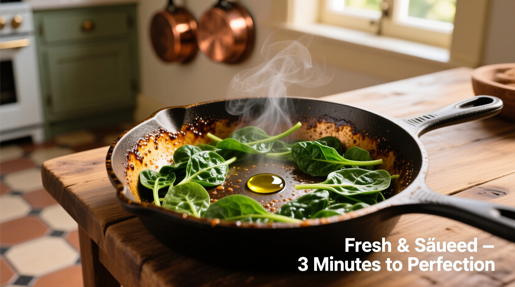 Perfectly sautéed spinach in cast iron skillet