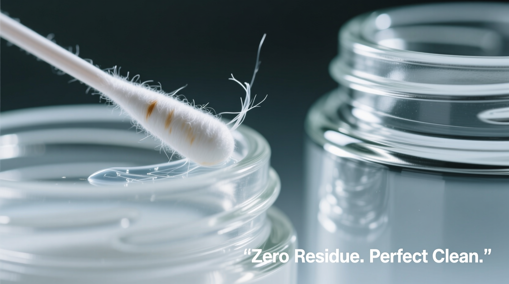 Close-up photo showing a cotton swab rolling smoothly over glass jar surface, lifting translucent adhesive residue without streaks or scratches, next to a clean, gleaming jar