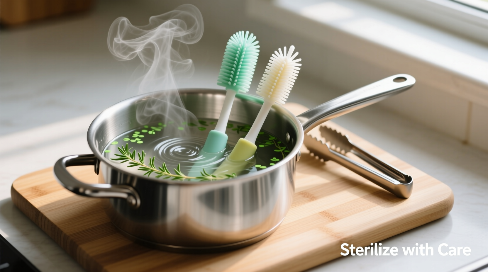 A stainless steel pot with gently boiling water and visible thyme leaves, two silicone baby bottle brushes fully submerged vertically, tongs resting beside the pot on a clean bamboo cutting board