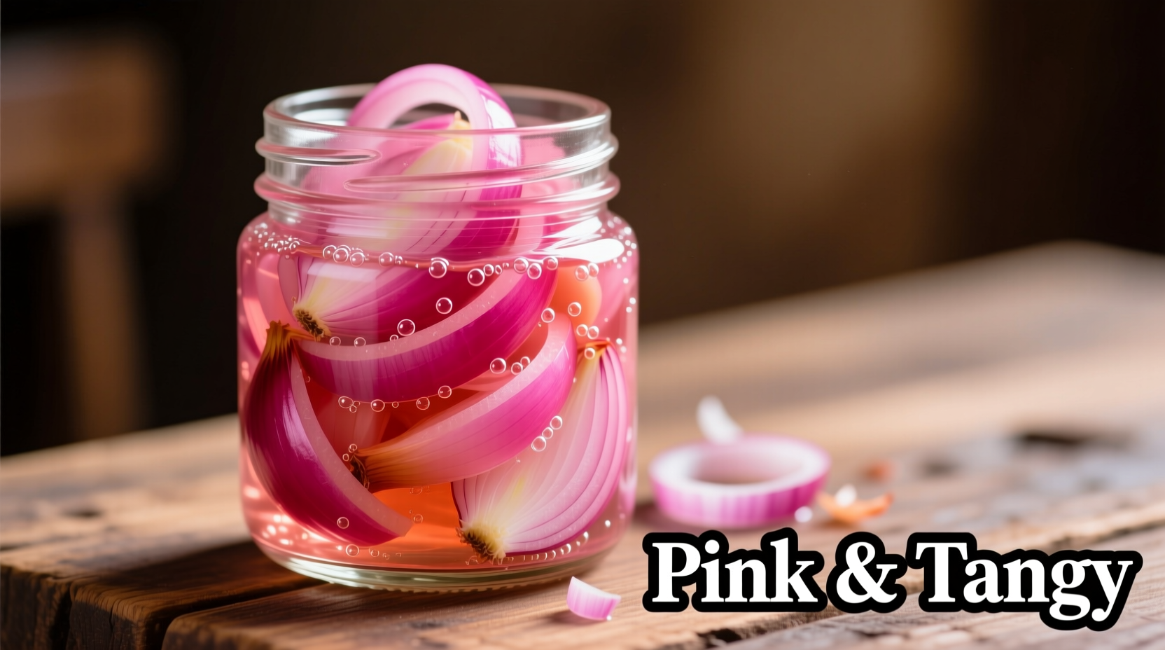 Vibrant pink pickled red onions in glass jar