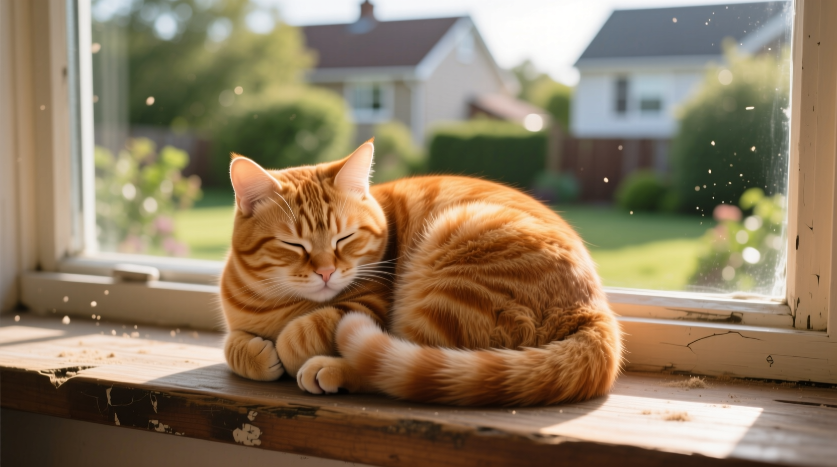 Ginger tabby cat curled into a perfect potato shape on a windowsill