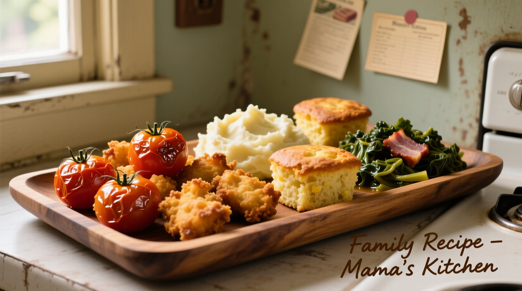 Fried tomatoes and Southern comfort food platter