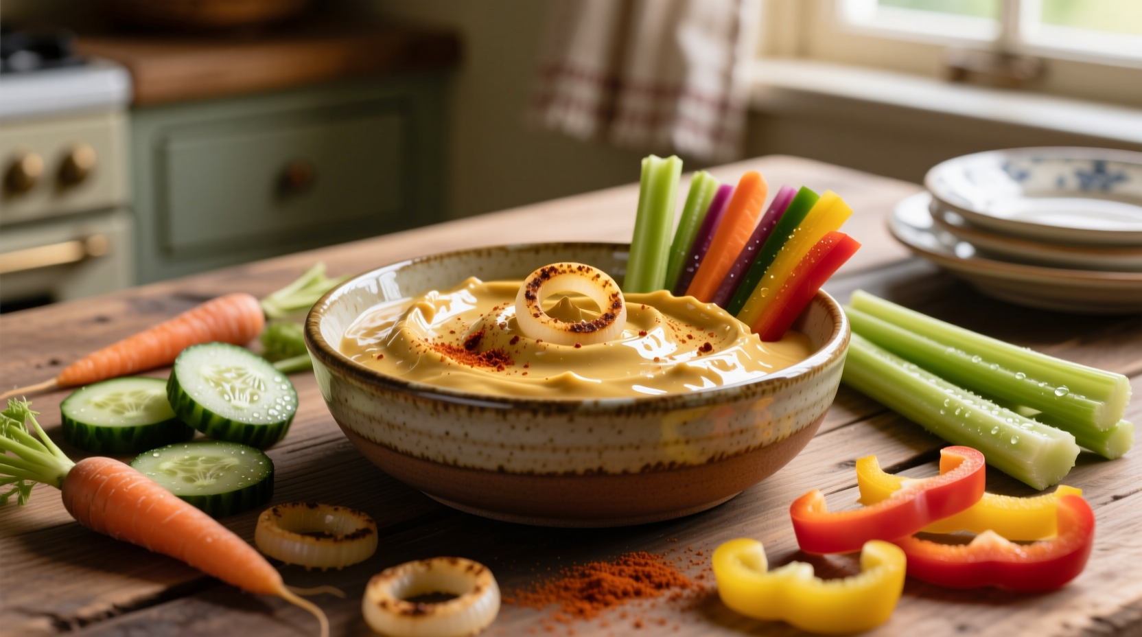 Golden vegan french onion dip in ceramic bowl with vegetable dippers