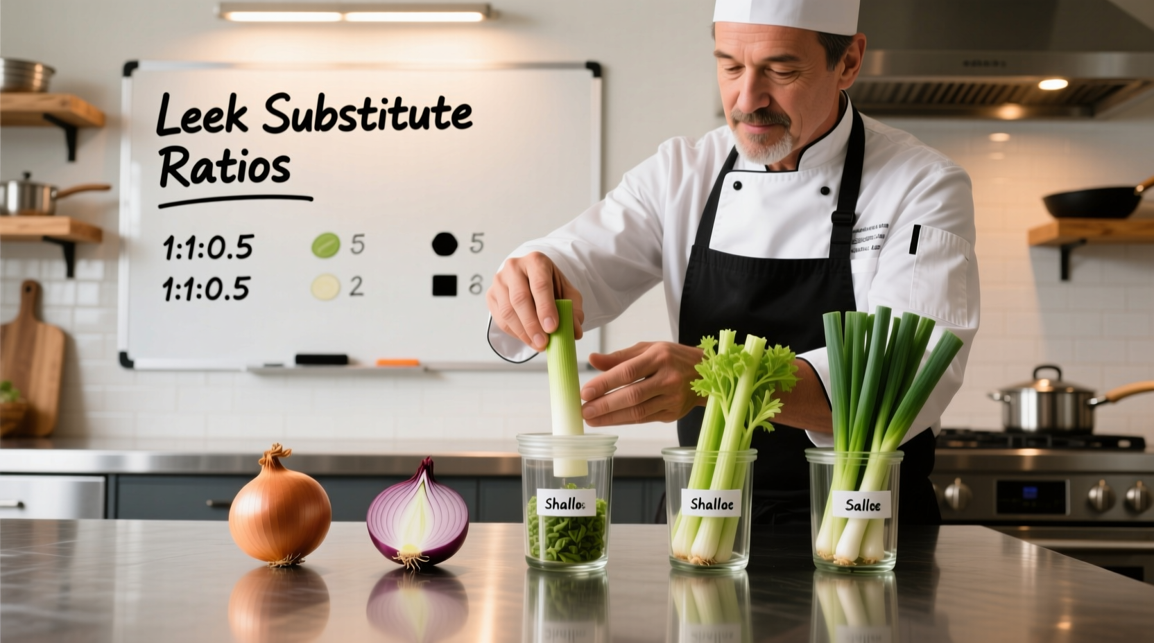 Chef demonstrating leek substitute ratios in kitchen