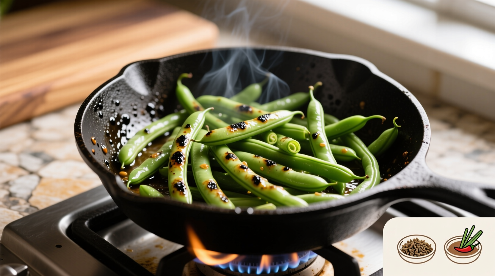 Infographic showing Middle Eastern vs Southeast Asian spice pairings for green beans with visual spice icons