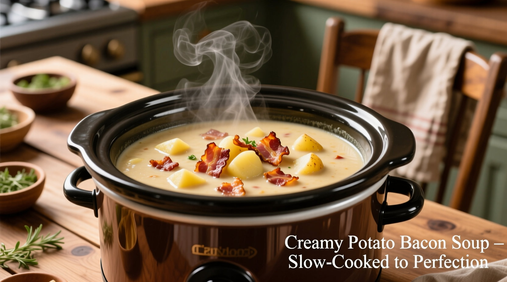 Slow cooker filled with creamy potato bacon soup