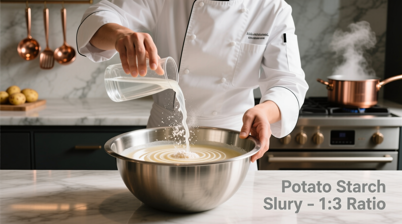 Chef demonstrating potato starch slurry preparation
