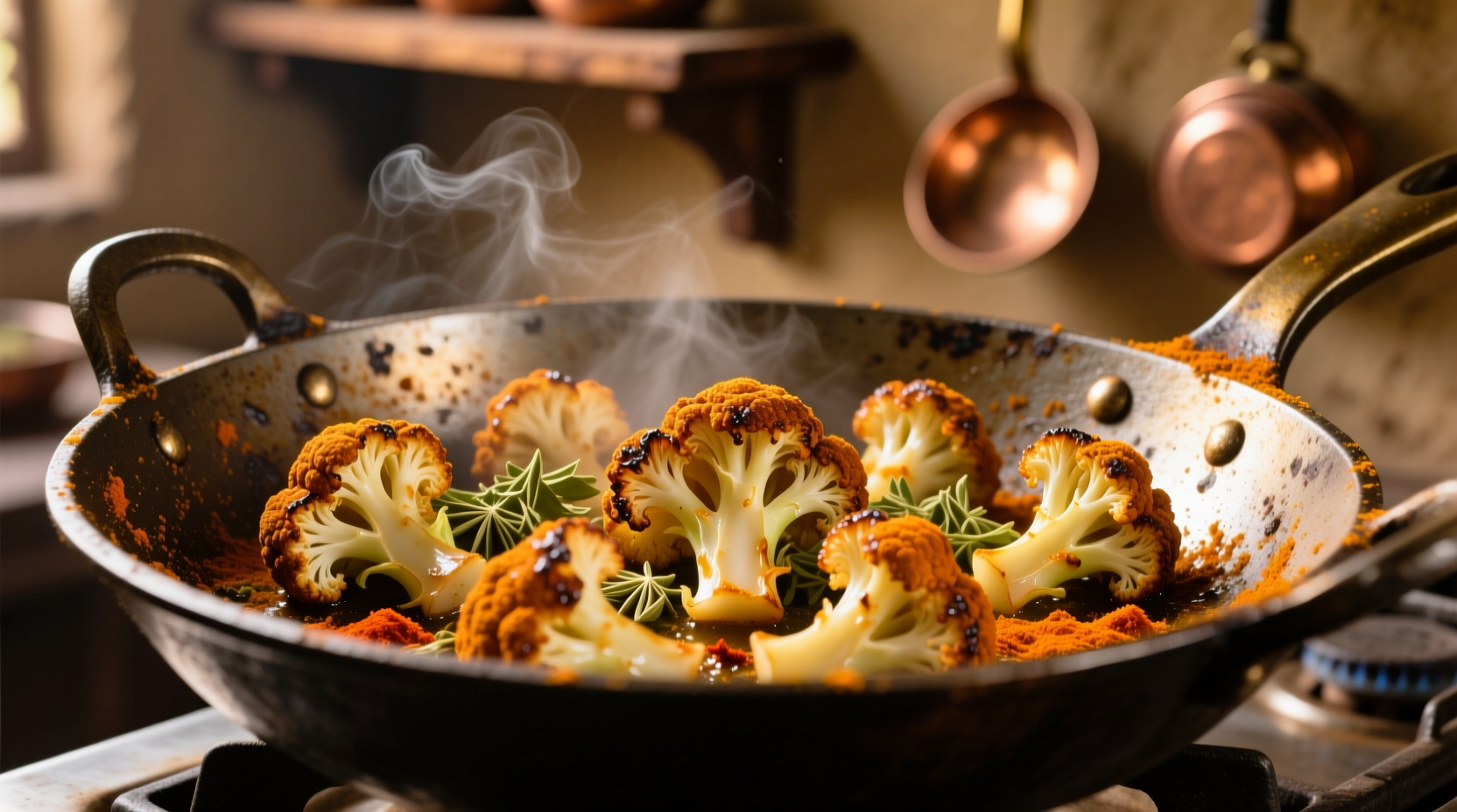 Golden brown cauliflower florets with spices in iron kadai