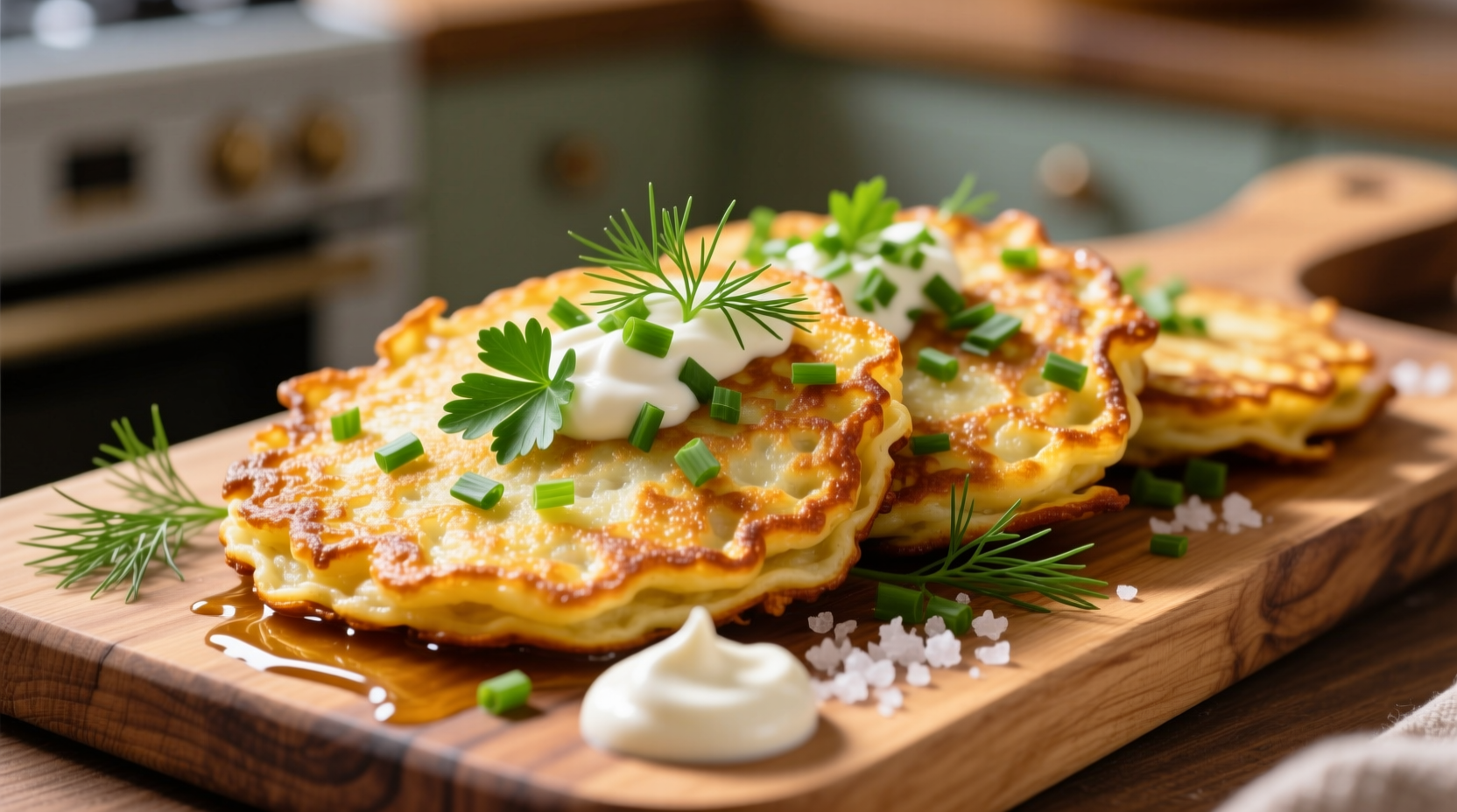 Golden potato pancakes with fresh herbs