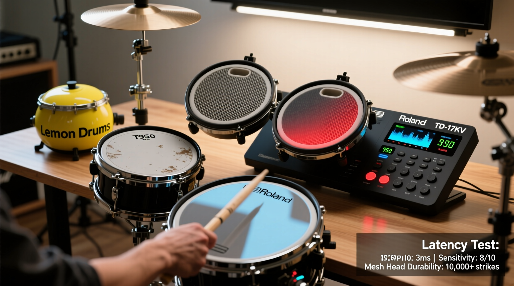 Lemon Drums T950 Pro vs Roland TD-17KV: real-world latency, pad sensitivity, and mesh-head durability for home studio drummers in 2026
