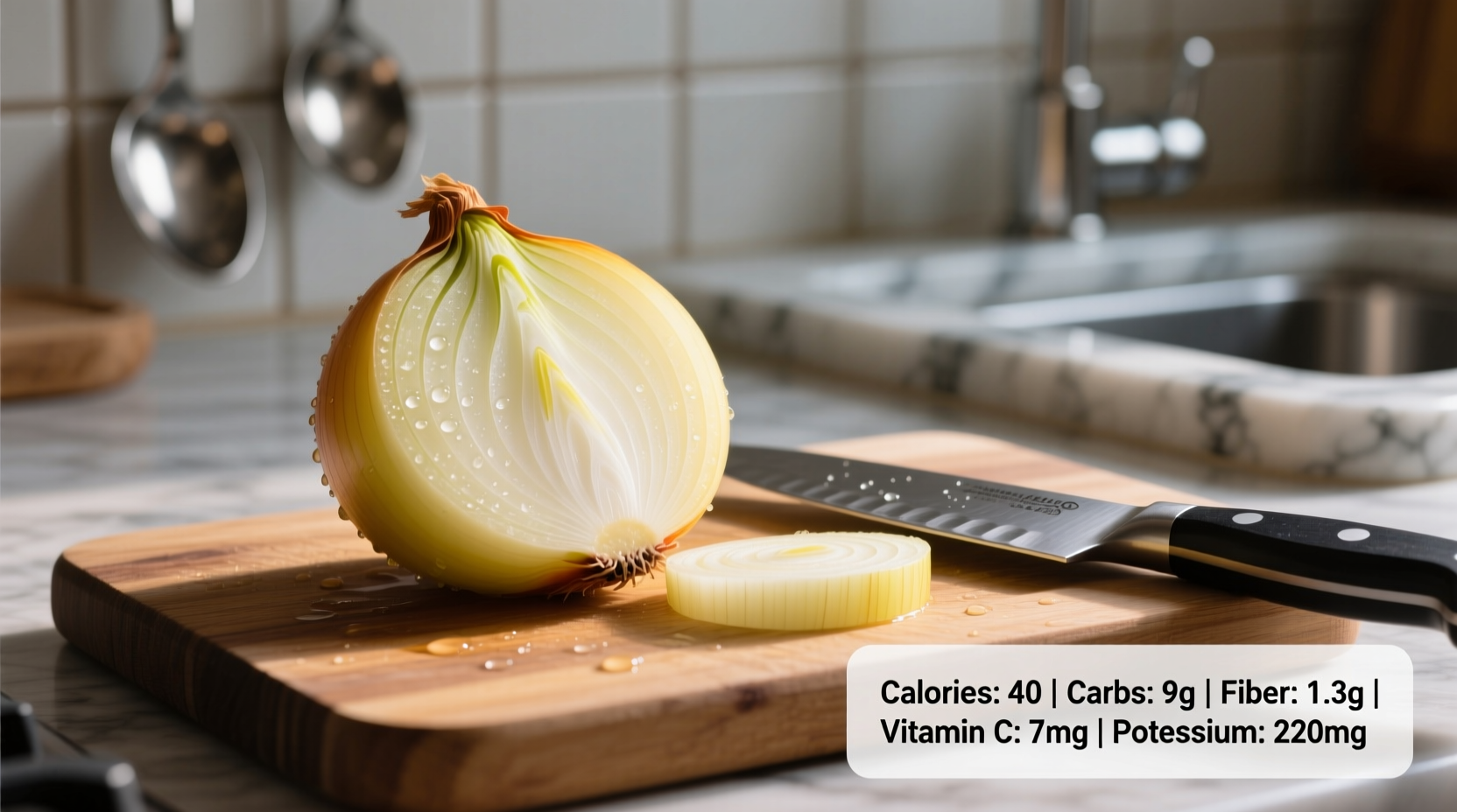 Yellow onion nutritional facts on cutting board