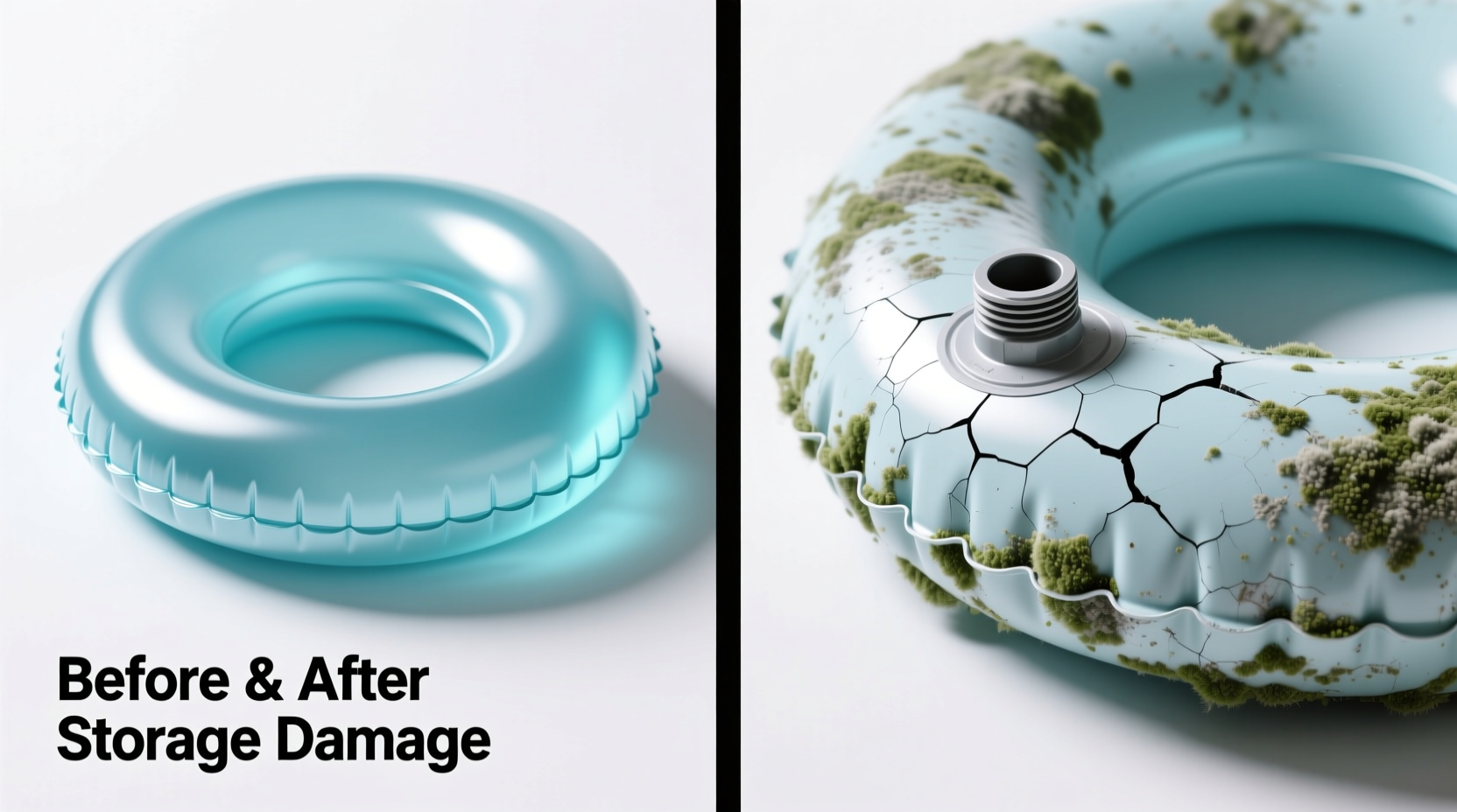 Side-by-side comparison: left shows an inflatable ring with clean, flexible seams and smooth surface texture; right shows the same model after improper storage—cracked valve base, chalky discoloration, and visible mildew along seam stitching.