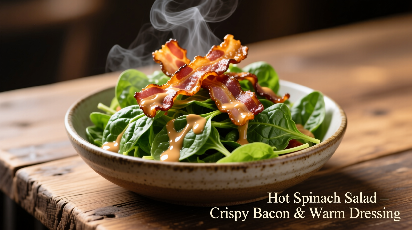 Hot spinach salad with crispy bacon and warm dressing