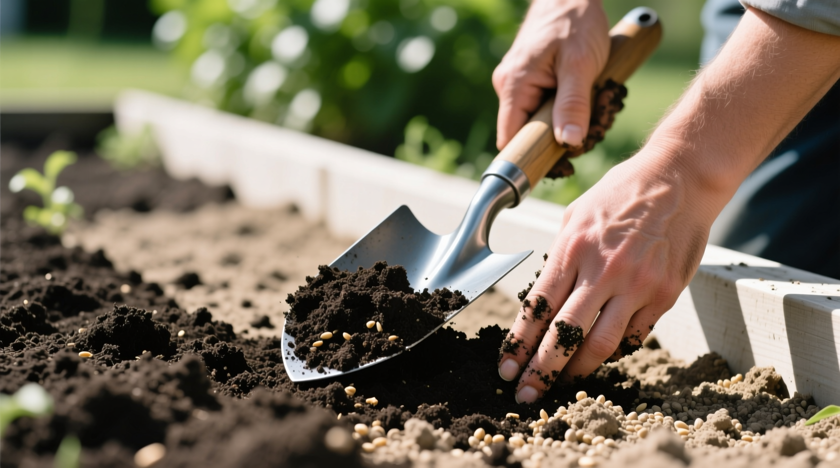 Gardener mixing compost into garden soil with shovel, showing ideal 1:3 soil-to-compost ratio