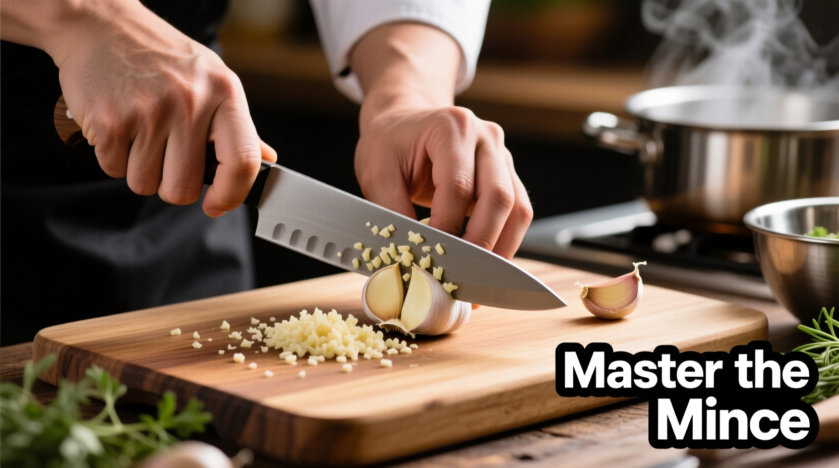 Chef's hand demonstrating proper garlic mincing technique