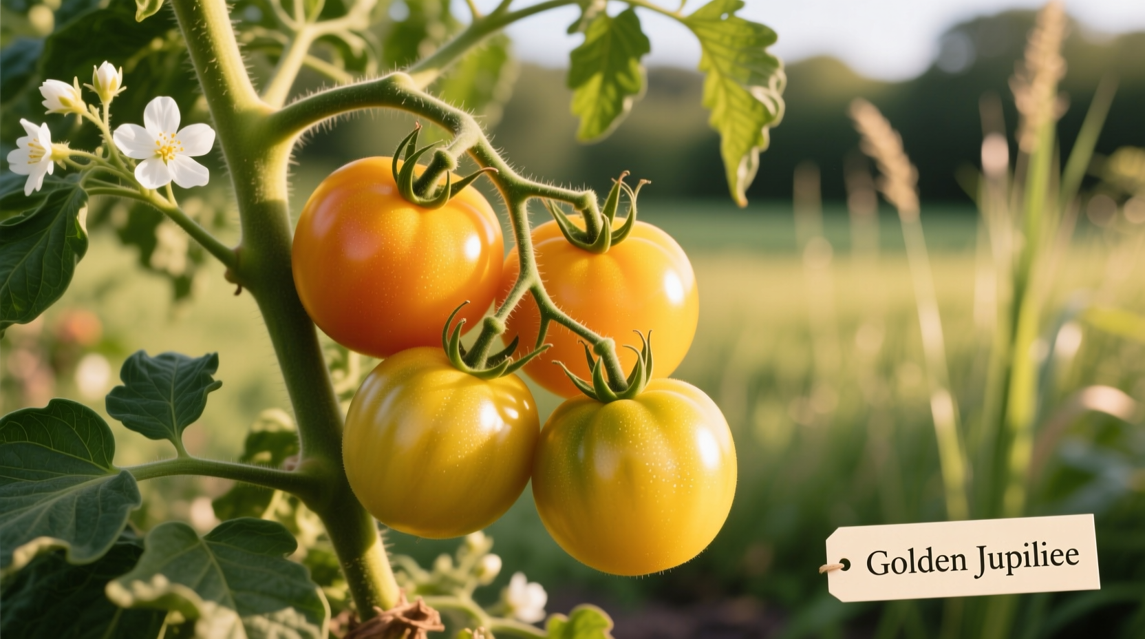 Golden Jubilee tomatoes on vine with yellow fruit