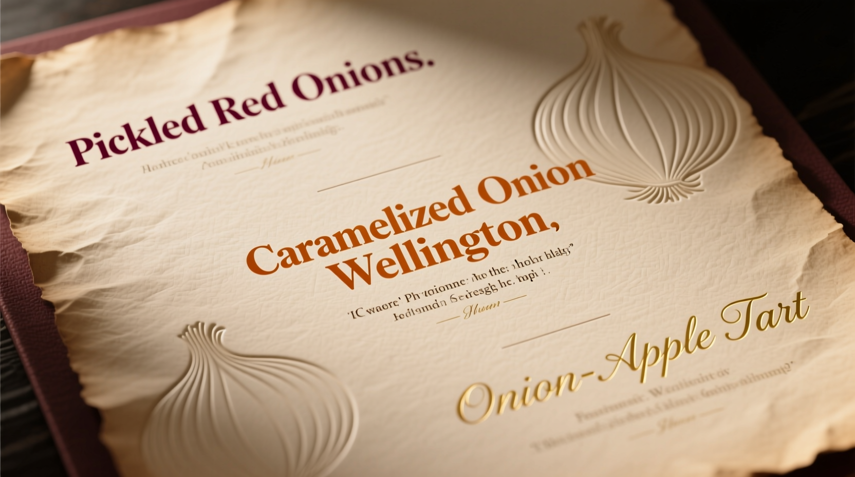 Three-course onion menu featuring pickled red onions, caramelized onion wellington, and onion-apple tart