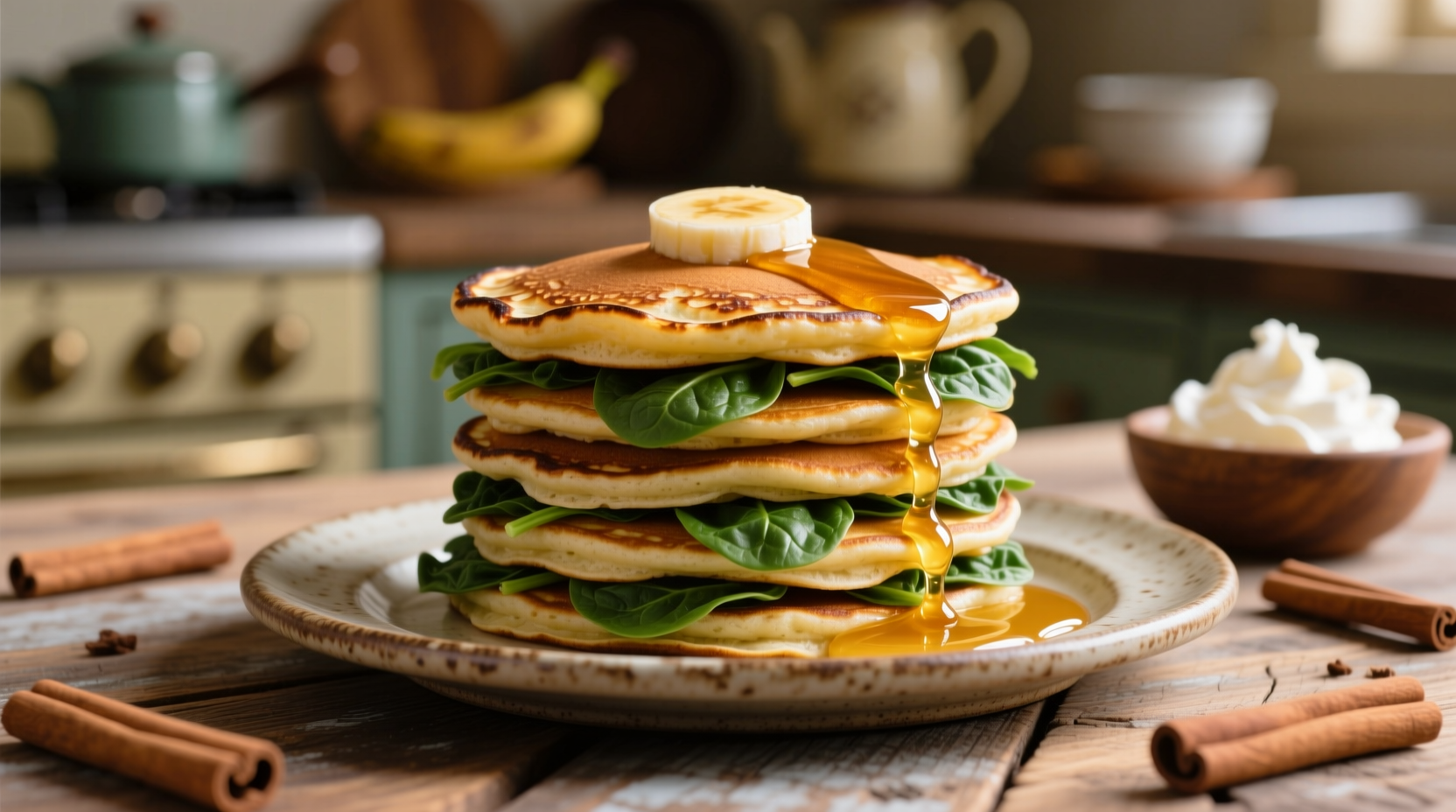 Fluffy golden banana spinach pancakes on plate