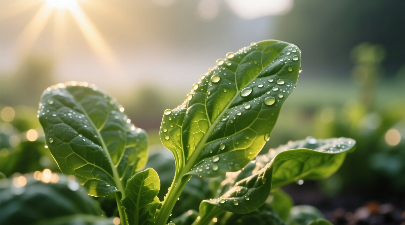 Fresh spinach leaves with dew drops on morning sunlight