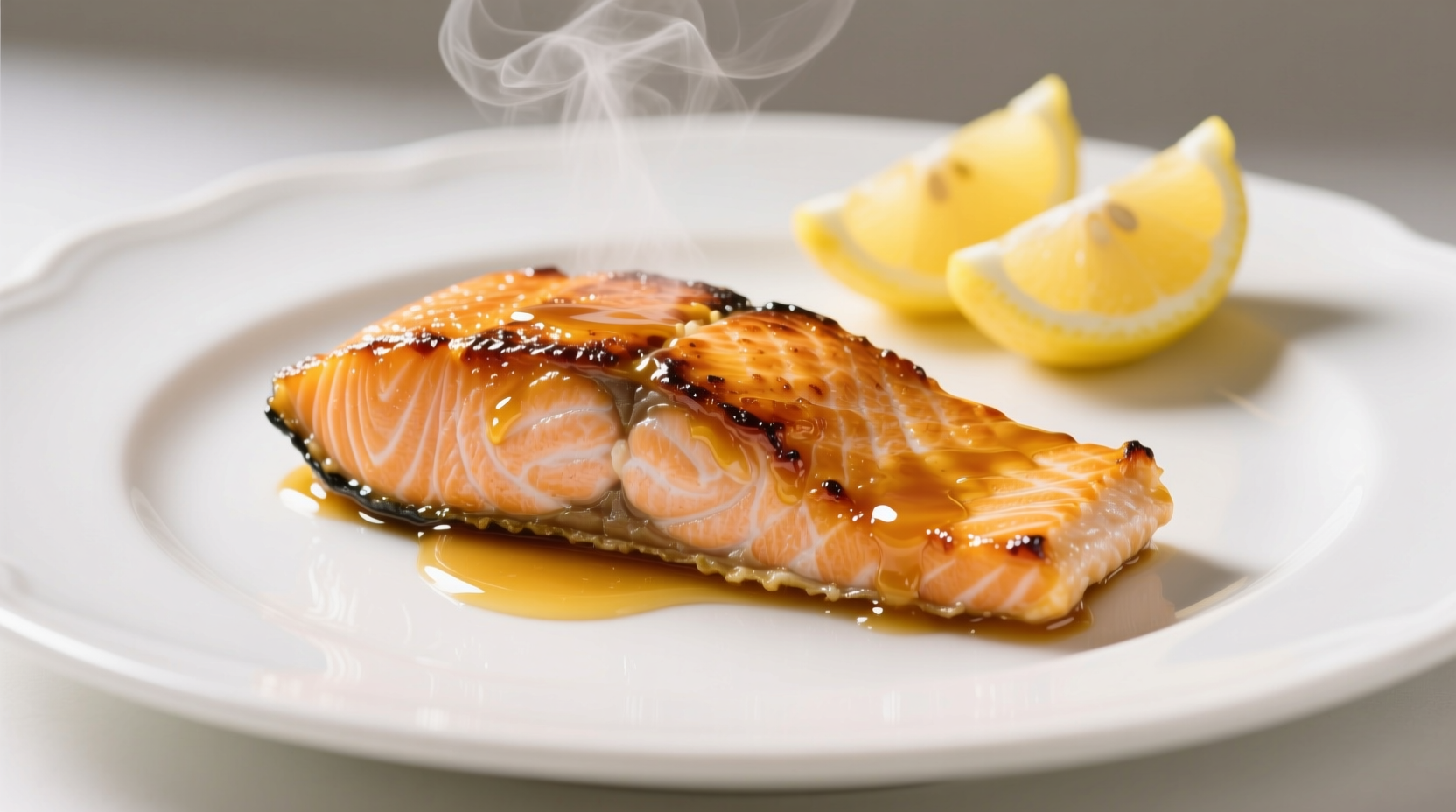 Golden garlic honey salmon on white plate with lemon wedges