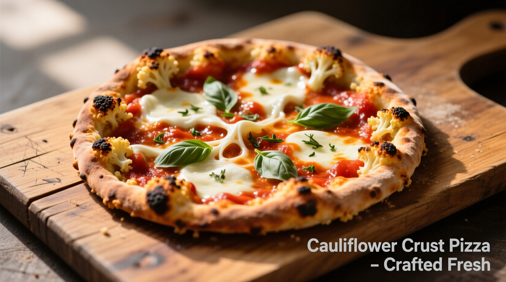 Pizza with cauliflower crust on wooden board