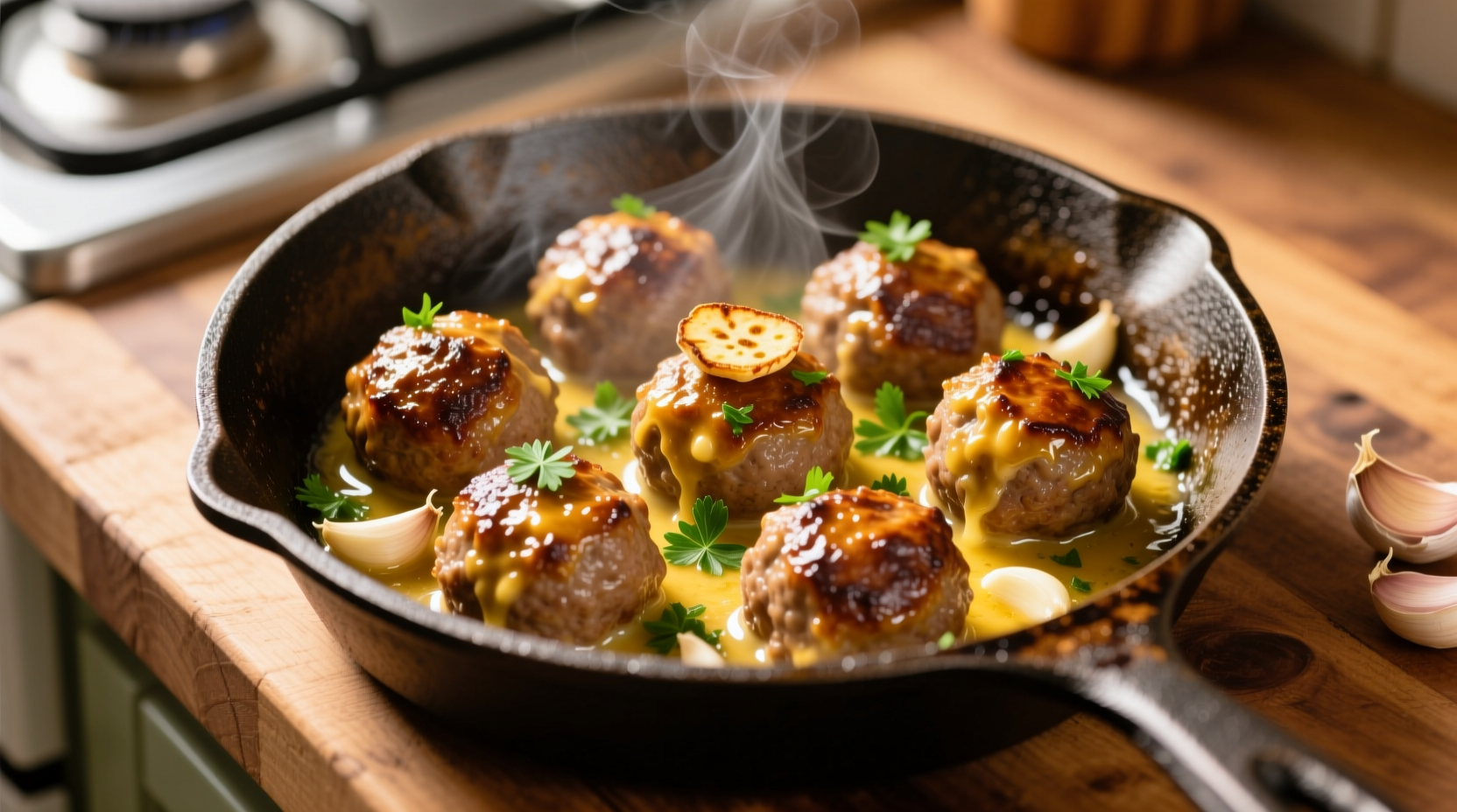Golden garlic butter meatballs in cast iron skillet