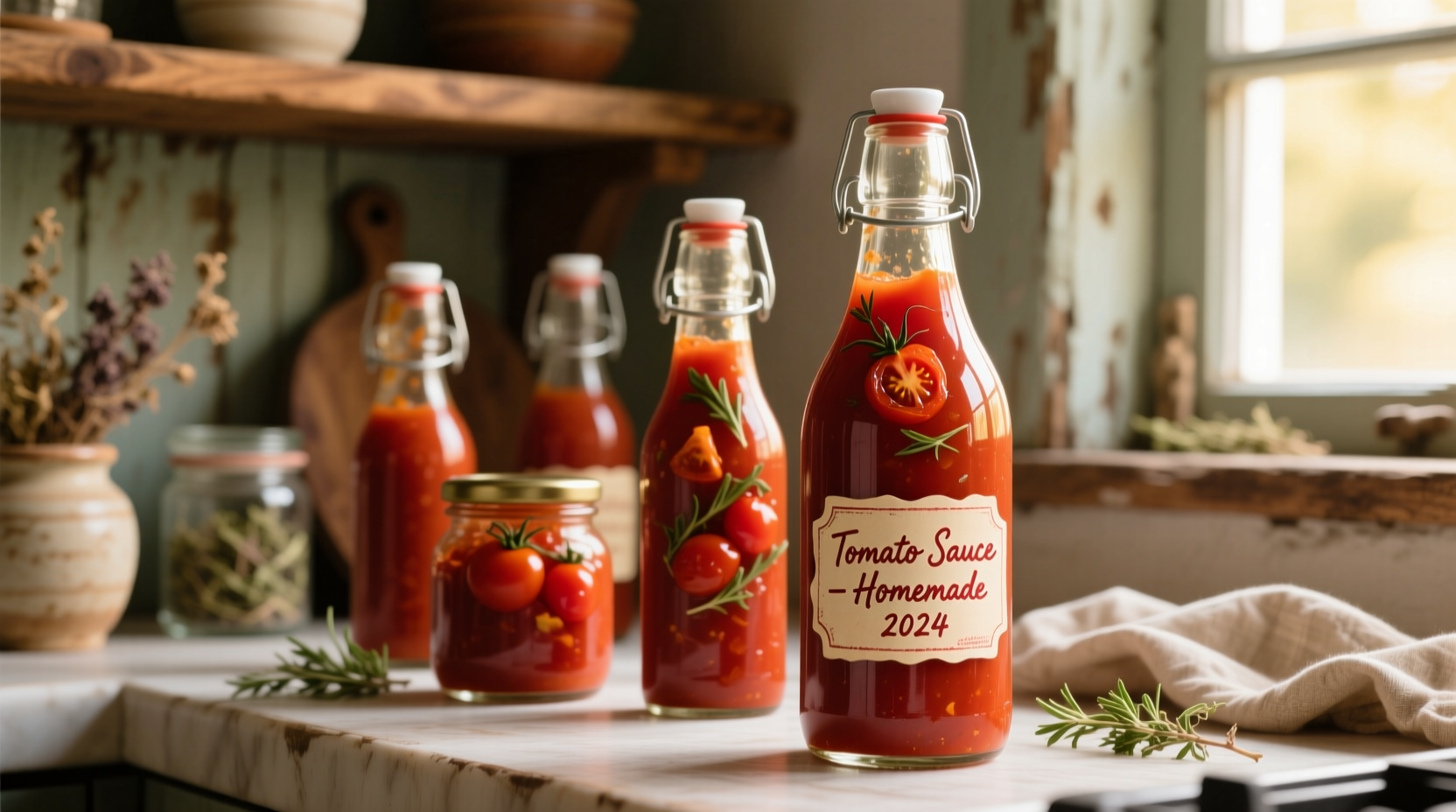 Glass bottles filled with homemade tomato sauce