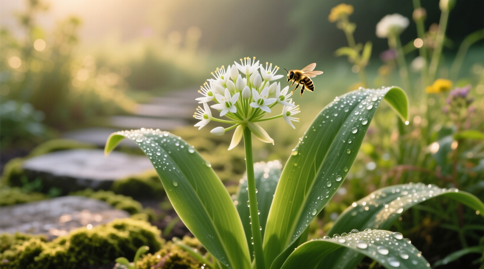 Fresh garlic chives with flat leaves and white flowers