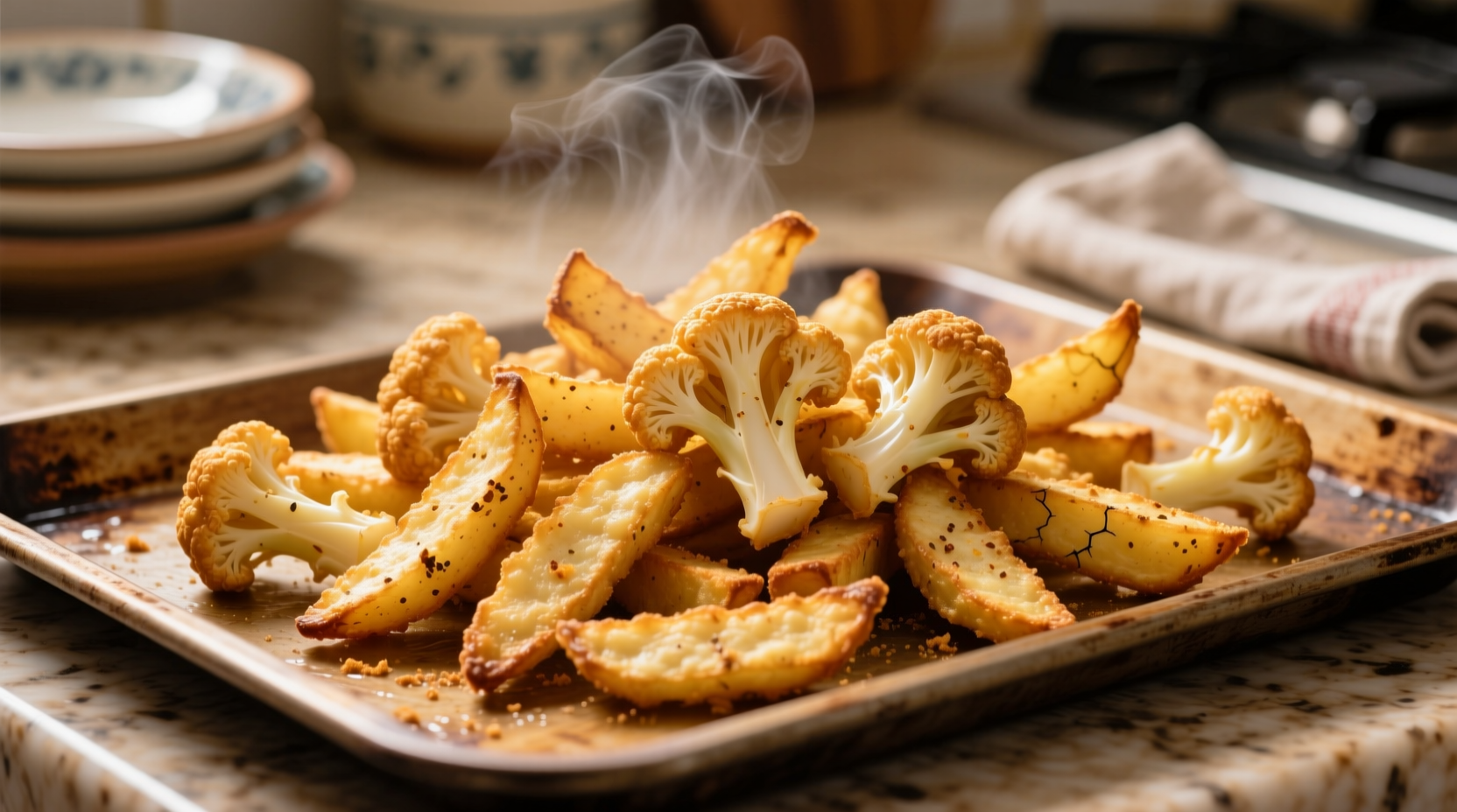 Golden brown cauliflower fries on baking sheet