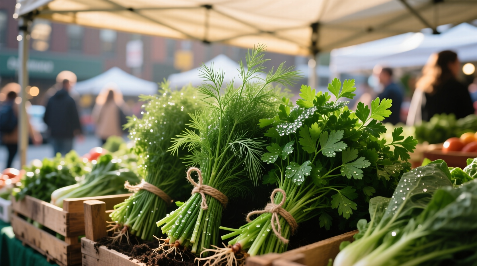 Fresh dill and parsley bundles at NYC market