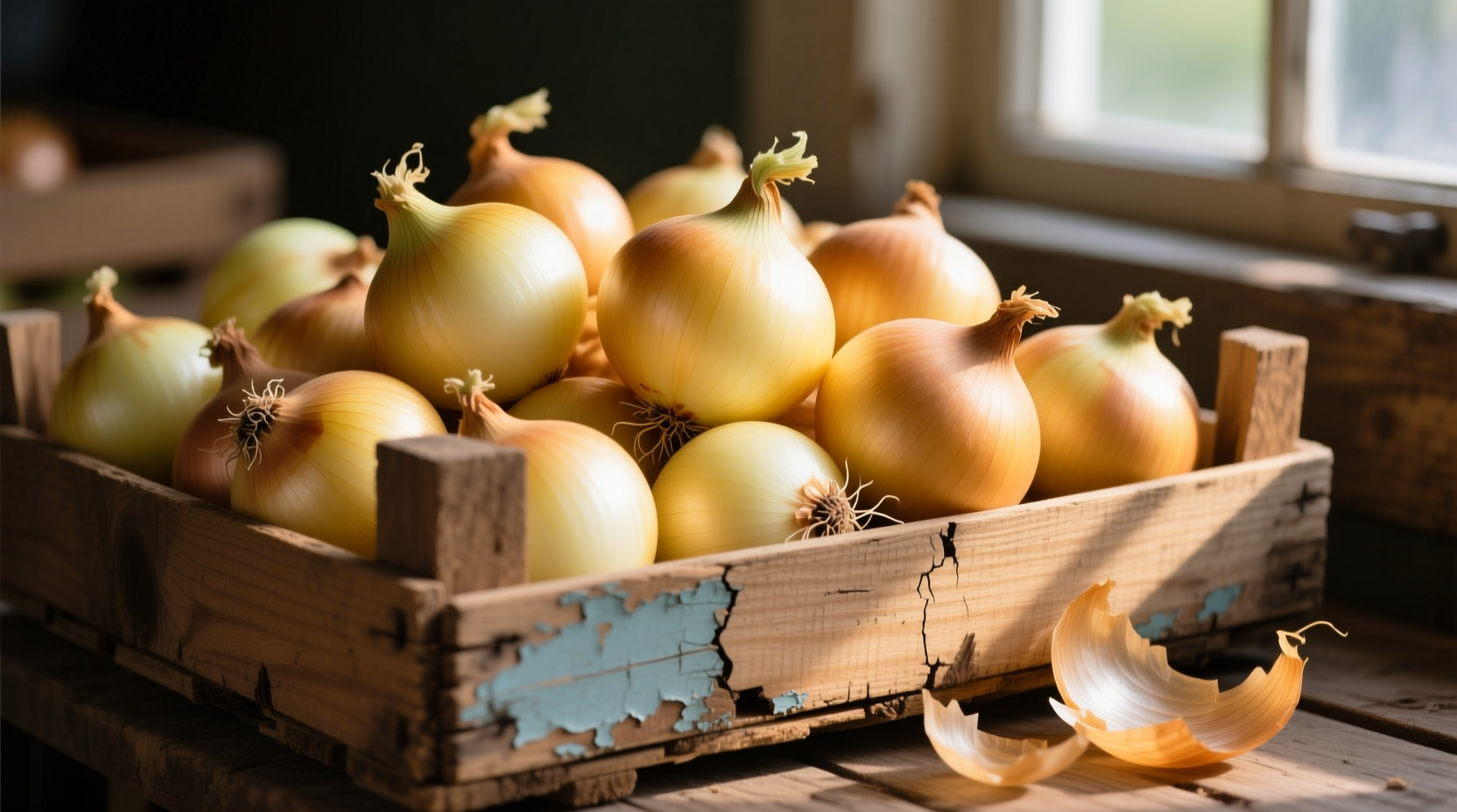 Fresh yellow onions in wooden market crate