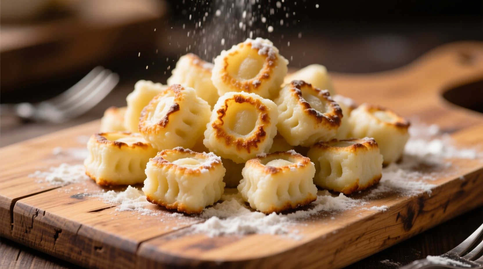 Freshly made mashed potato gnocchi on wooden board