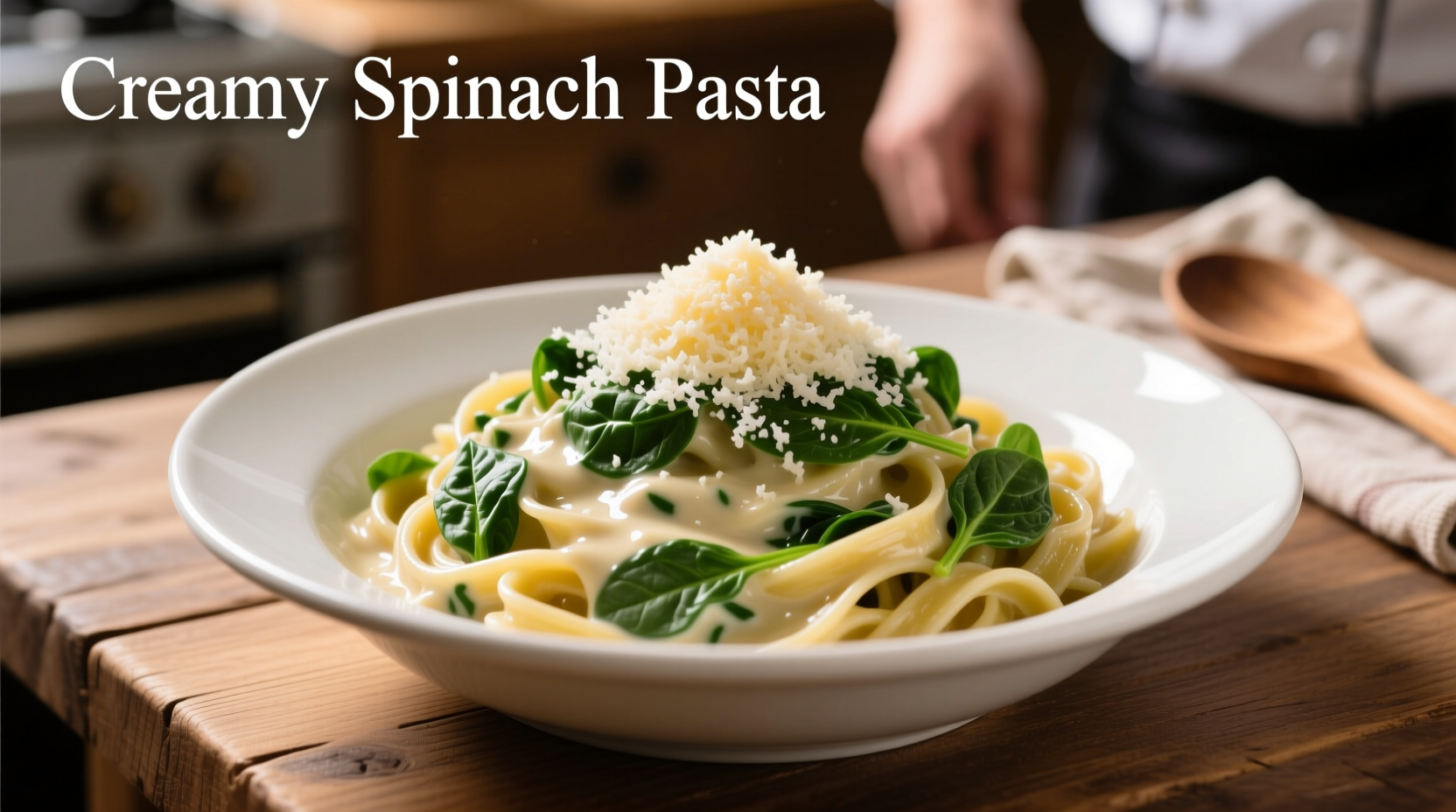 Creamy spinach pasta in white bowl with Parmesan garnish