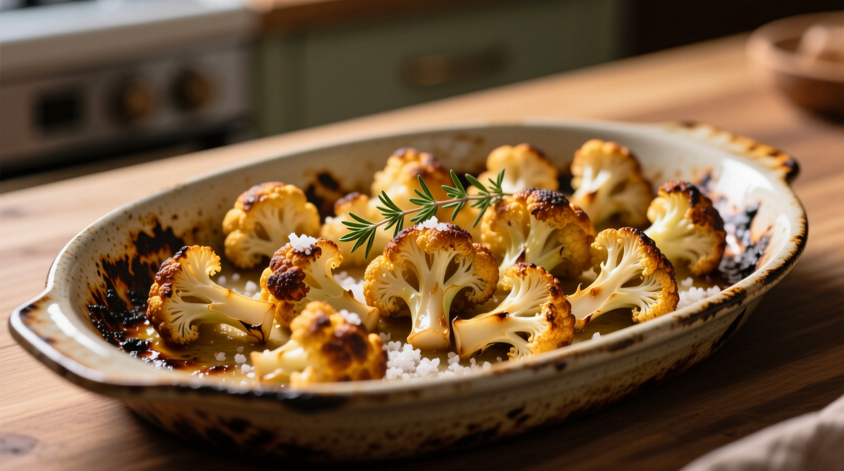 Golden roasted cauliflower florets on baking sheet