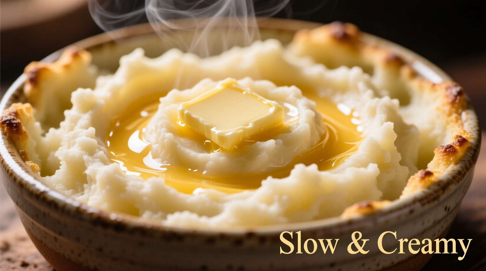 Creamy slow cooker mashed potatoes with melted butter swirls