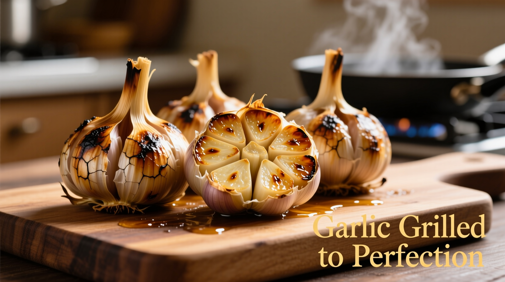Grilled garlic heads with golden brown cloves