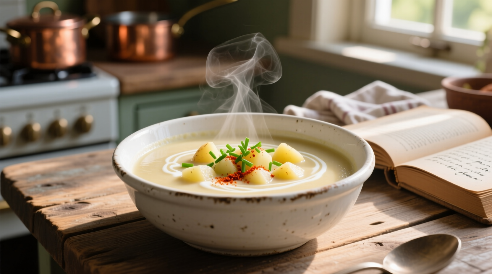 Creamy homemade potato soup in white bowl