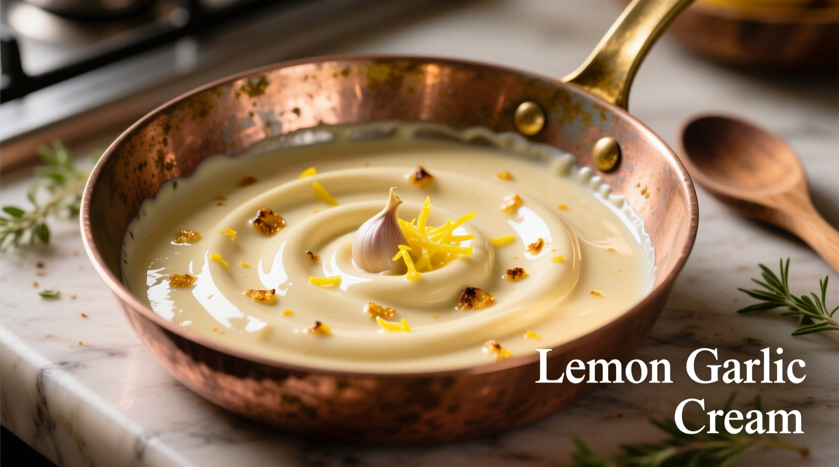 Silky lemon garlic cream sauce in copper pan