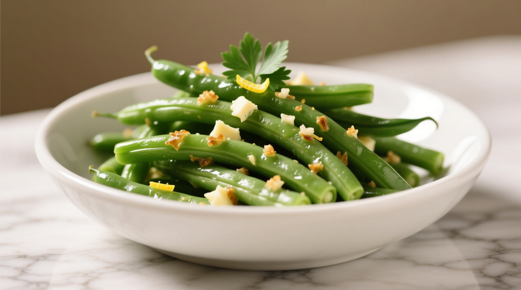 Crisp garlic butter green beans in white bowl