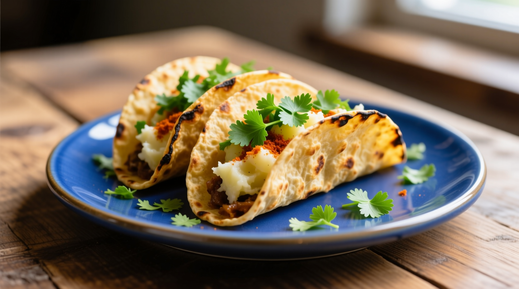 Golden brown potato tacos with cilantro garnish on blue plate