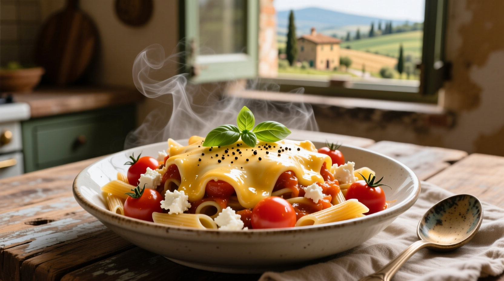 Tomato feta pasta with melted cheese
