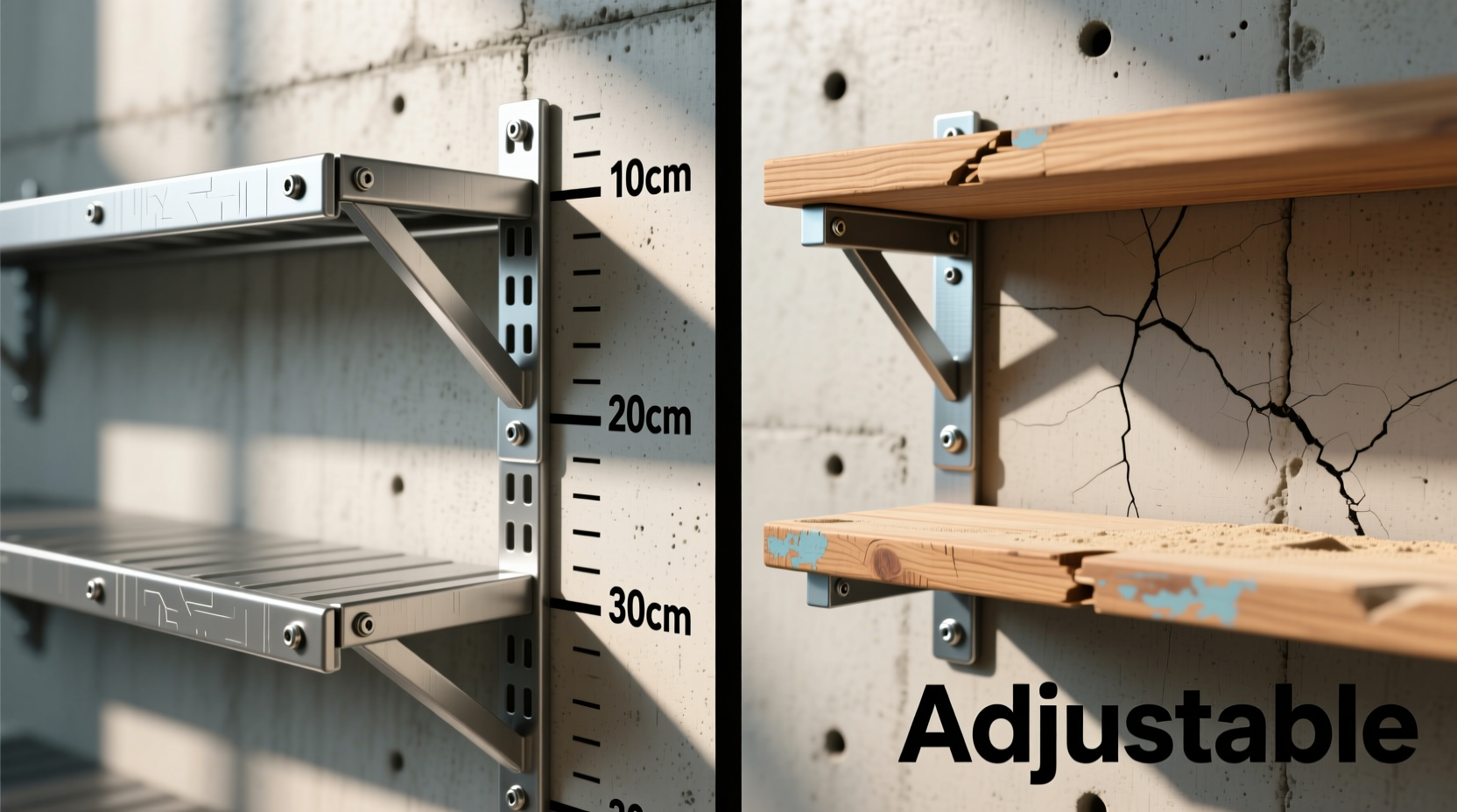 Side-by-side comparison: left shows a modular closet with labeled adjustable bracket positions at multiple heights, supporting folded sweaters, shoe cubbies, and a hanging garment rack; right shows a fixed-shelf closet with mismatched, overcrowded sections and a wobbly DIY shelf added haphazardly above the rod