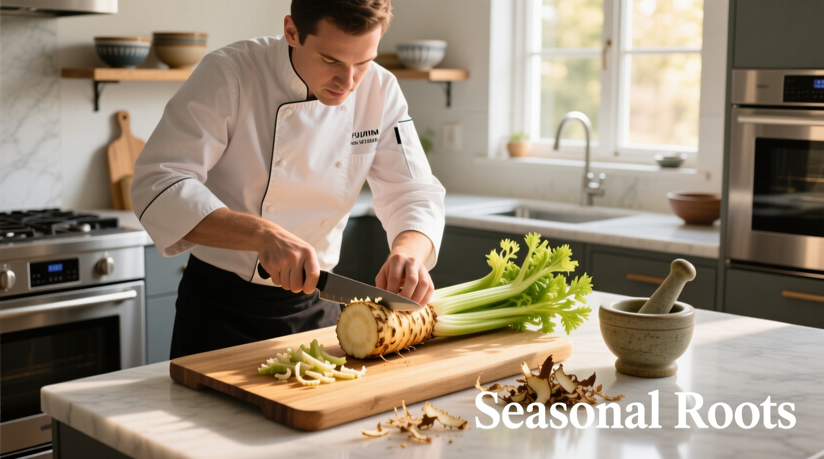 Chef preparing celery root in kitchen