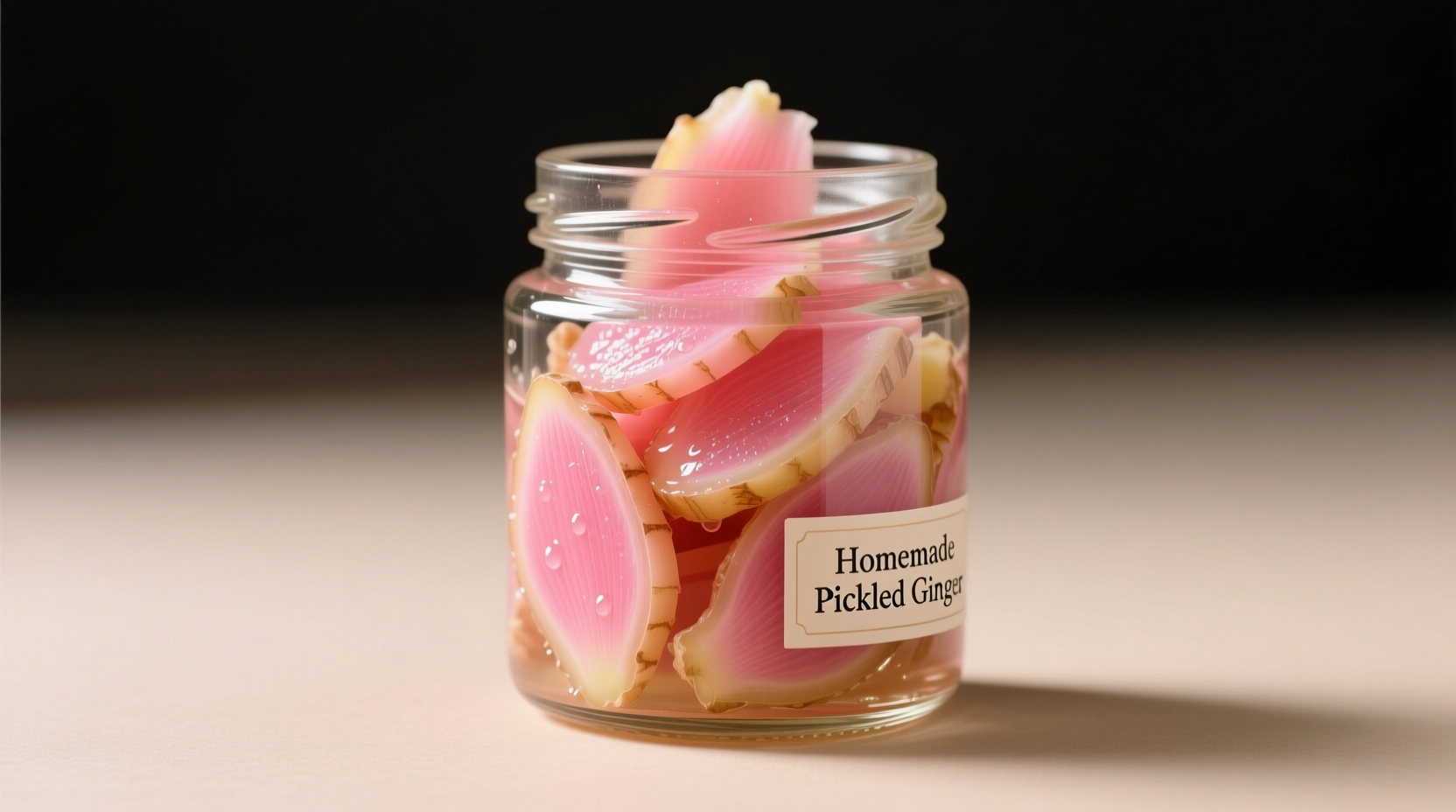 Homemade pickled ginger in a glass jar showing natural pink hue from young ginger