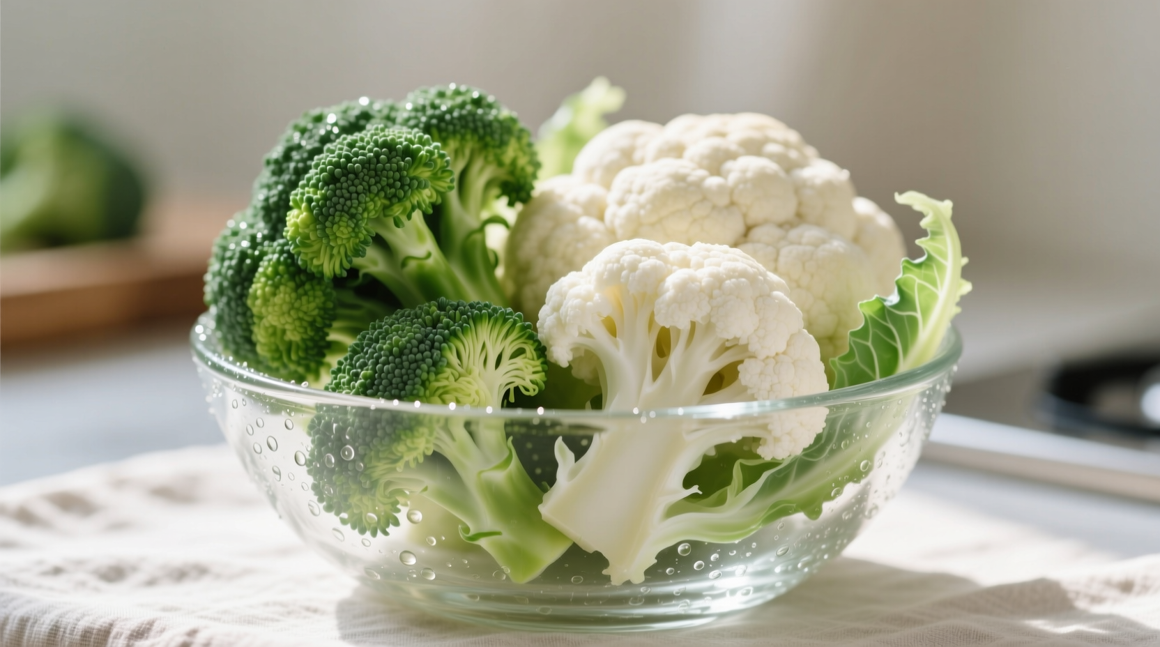 Fresh broccoli and cauliflower florets in glass bowl