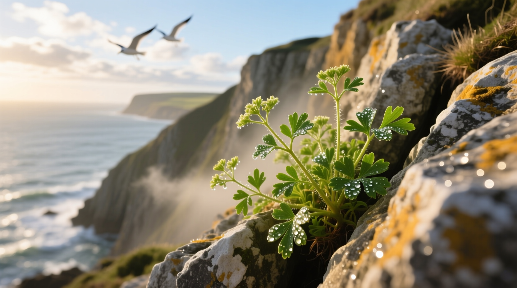 Fresh rock parsley growing on coastal cliffs