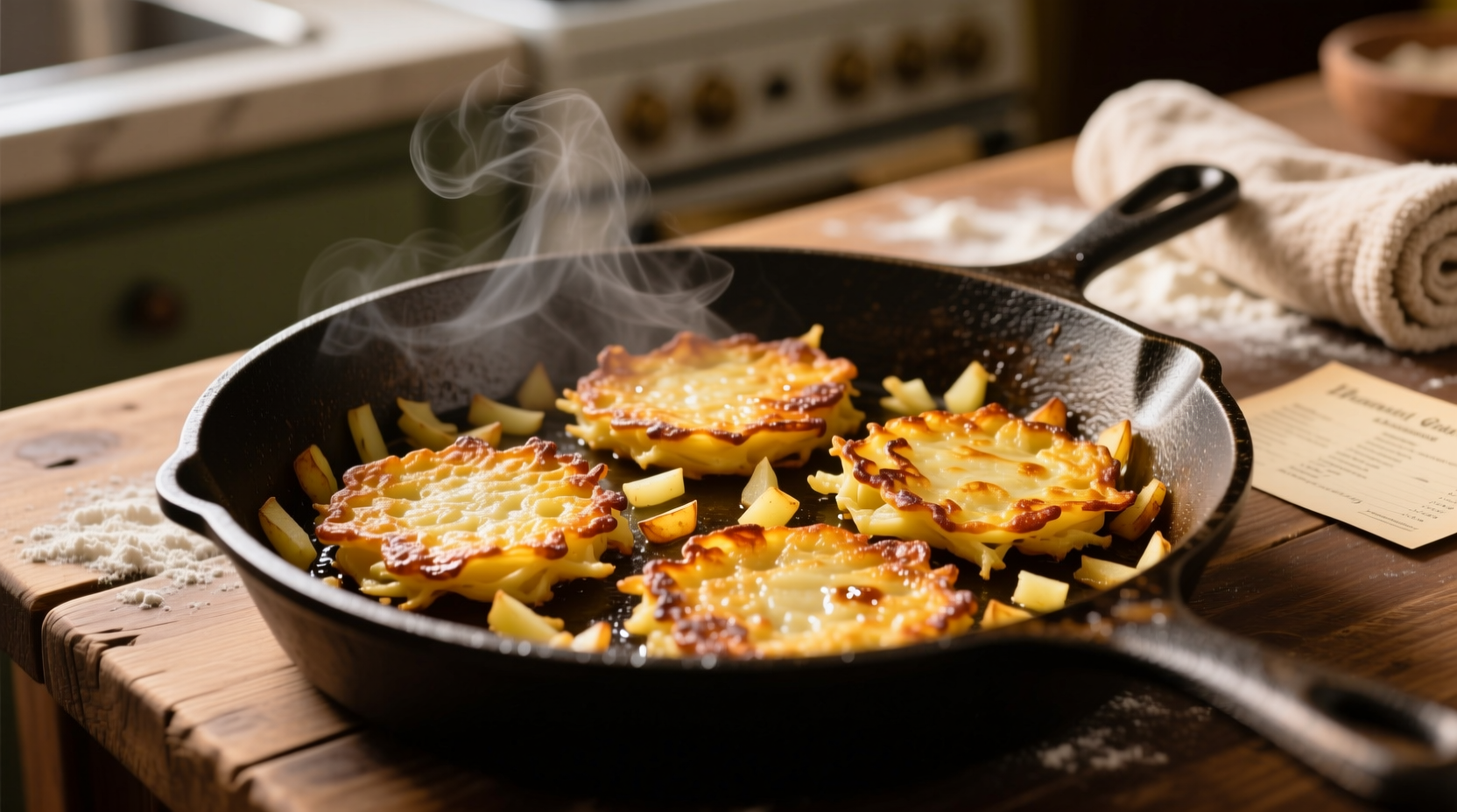 Golden hash brown potato pancakes on cast iron skillet