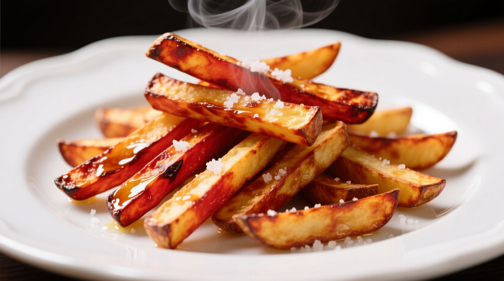 Crispy golden red potato fries on white plate