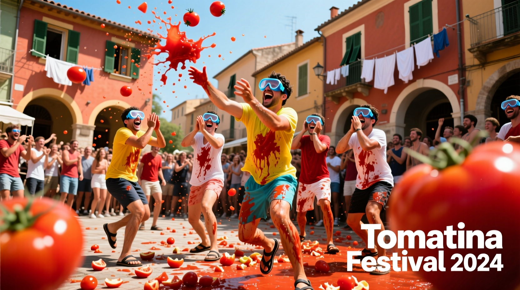 Crowd participating in tomato throwing festival with protective goggles