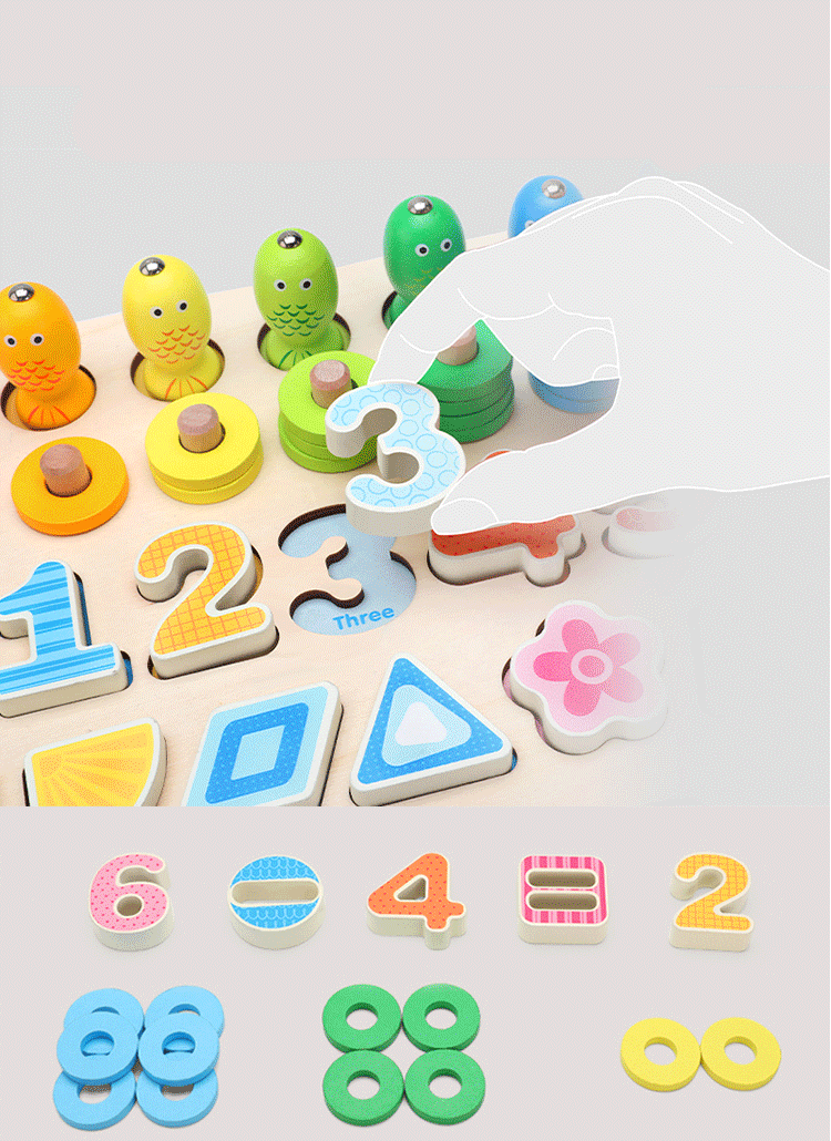 Wholesale Colorful Montessori Five-In-One Wooden Fishing Digital Shape Matching Toys New Design Kids Early Educational Toys